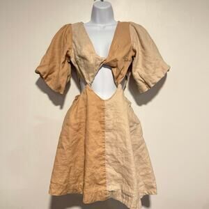Sovere Linen Cutout Mini Dress Women's M Beige Tan Puff Sleeve Resort Vacation